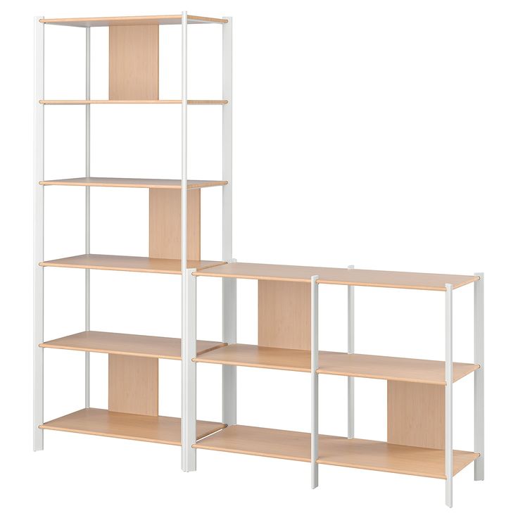 three wooden shelves with white metal frames on each shelf and one empty shelf in the middle