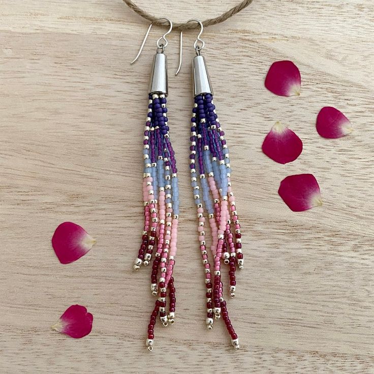 Pink & Purple Tassel Bead Earrings - Etsy Silver Long Drop Earrings With Tassels, Silver Beaded Fringe Dangle Tassel Earrings, Silver Dangle Tassel Earrings With Beaded Fringe, Silver Long Drop Tassel Earrings With Fringe, Long Drop Beaded Earrings, Silver Fringe Beaded Earrings For Gift, Bohemian Silver Tassel Earrings With Beaded Fringe, Silver Beaded Fringe Earrings For Gift, Silver Beaded Fringe Tassel Drop Earrings