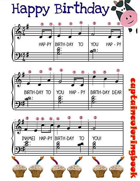 sheet music for birthday with cupcakes and notes on it, including the words happy birthday