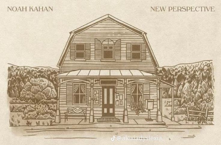 a drawing of a wooden house in front of some trees and bushes with the words noh kahana new perspective written on it