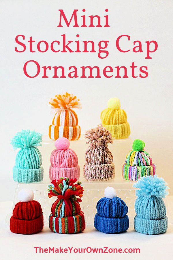 mini stocking cap ornaments with text overlay