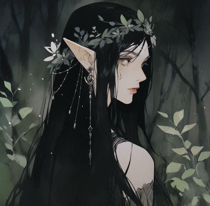 a woman with long black hair standing in the woods wearing a wreath of leaves on her head