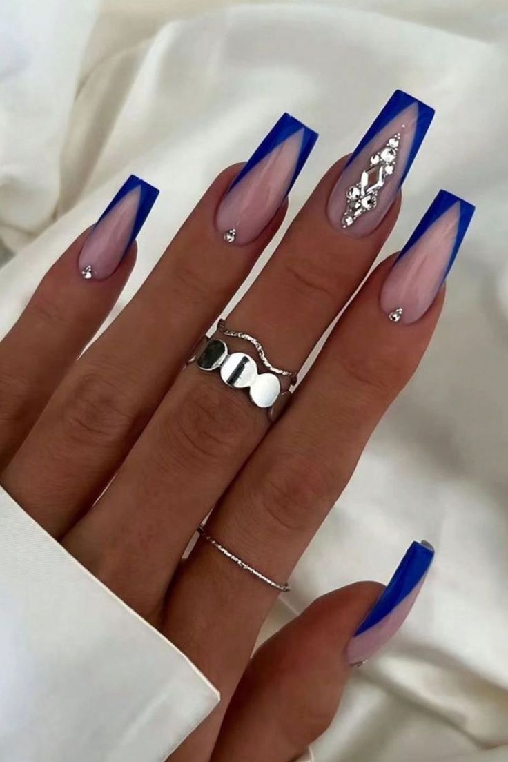 Blue Prom Nails, Blue And Silver Nails, Blue Coffin Nails, Royal Blue Nails, Unghie Sfumate, Formal Nails, Blue Acrylic Nails, Her Nails, July Nails