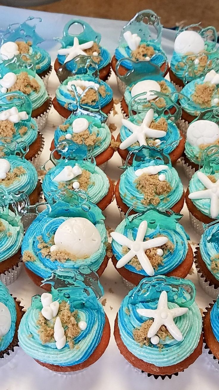 cupcakes decorated with blue frosting and white starfish are displayed on a table