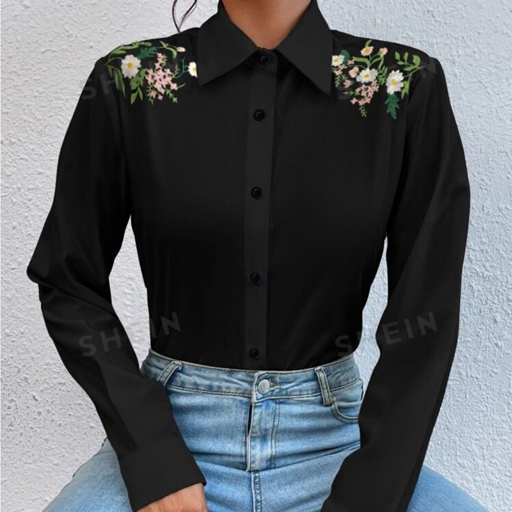 Black Button Down Work Shirt With Flower Shoulder Embroidery. Brand New, Fits Like Medium Embroidery On Button Up Shirt, Embroidered Shirt Collar, Embroidered Black Collared Shirt, Black Embroidered Collared Shirt, Black Button-up Shirt With Floral Embroidery, Black Floral Embroidery Button-up Shirt, Black Collared Shirt With Floral Embroidery, Black Embroidered Button-up Shirt, Button-up Blouse With Floral Embroidery For Work