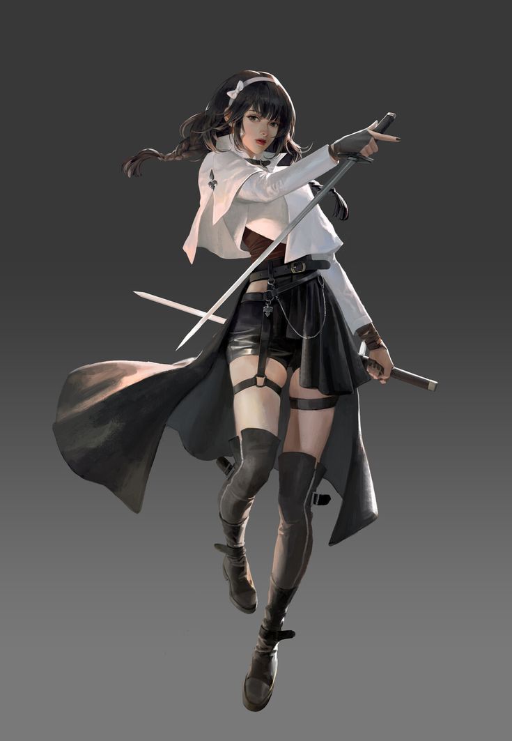 an anime character holding two swords in her hands and wearing black stockings with white tops