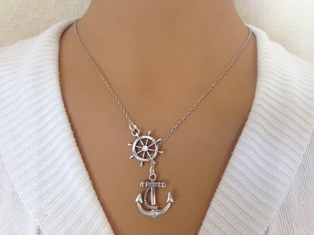 "Anchor and Wheel Lariat style silver plated Necklace with 18\" Chain with barrel clasp for closure. on Wheel its says \"LOVE\" All Navy People Really Love this Approximate Charm Size Anchor - 1 inch Wheel - 1 inch Charm Material - Plated Hand made by me" Personalized Silver Lariat Necklace, Silver Metal Lariat Necklace With Lobster Clasp, Sterling Silver Lariat Necklace With Lobster Clasp As Gift, Nickel-free Metal Lariat Necklace Gift, Tug Boats, Silver Plated Necklace, Made By Me, Necklace Etsy, 1 Inch