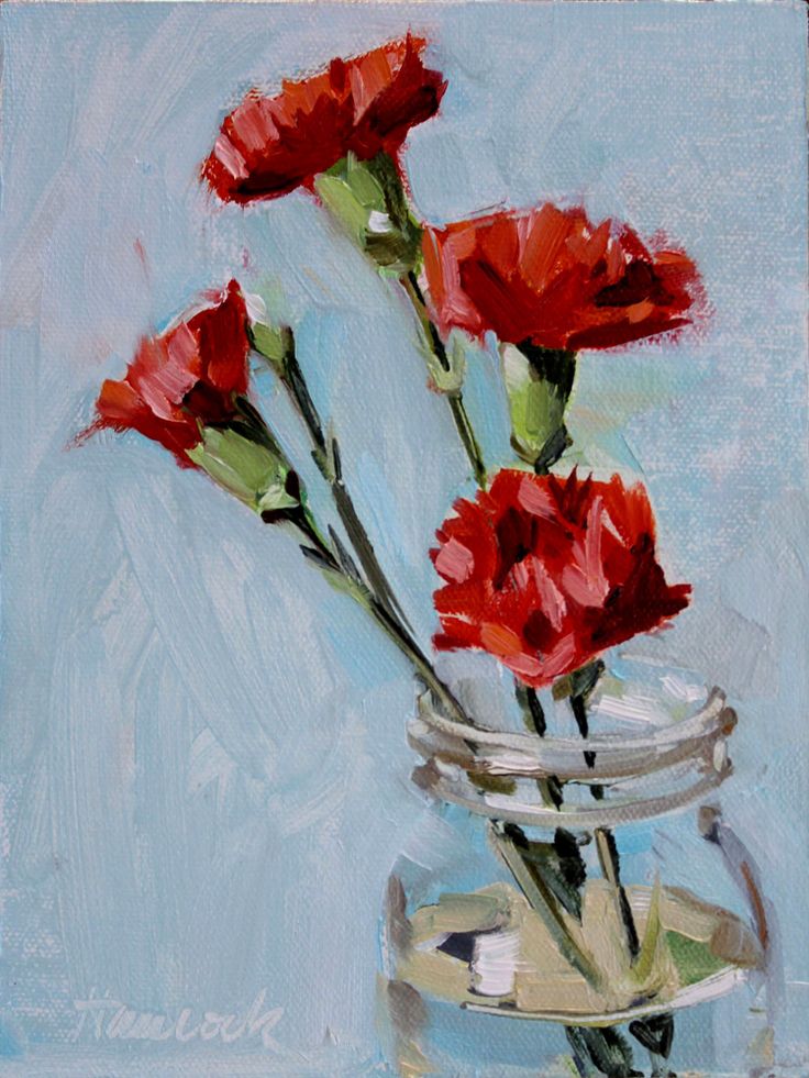 a painting of red flowers in a glass jar