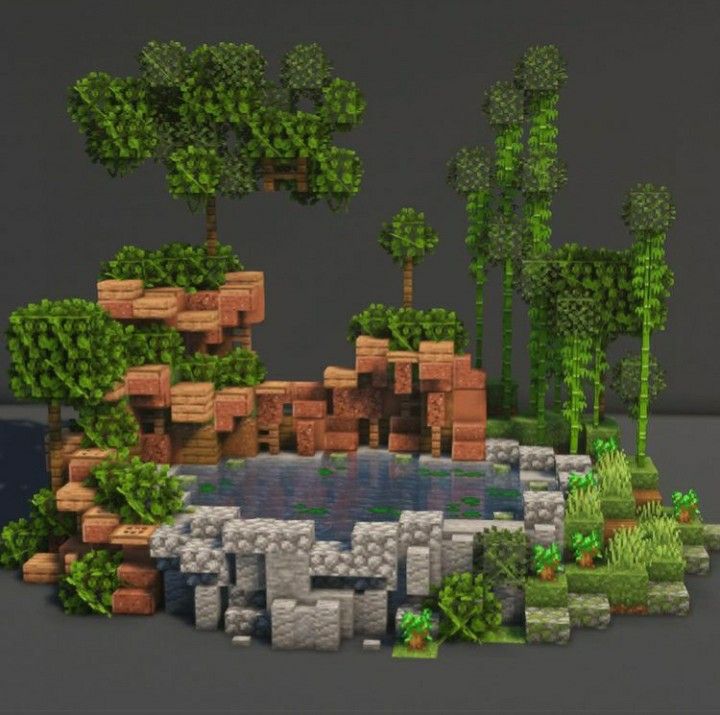 an image of a pixellated landscape with trees and rocks