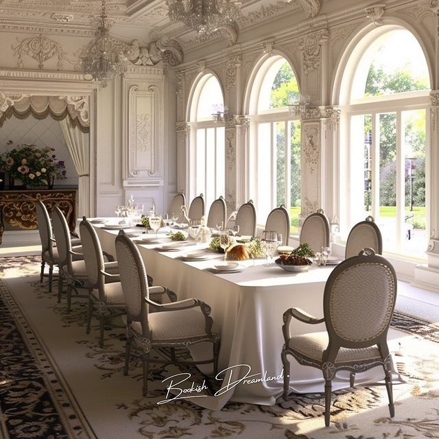 an elegant dining room with white walls and chandeliers on either side of the table