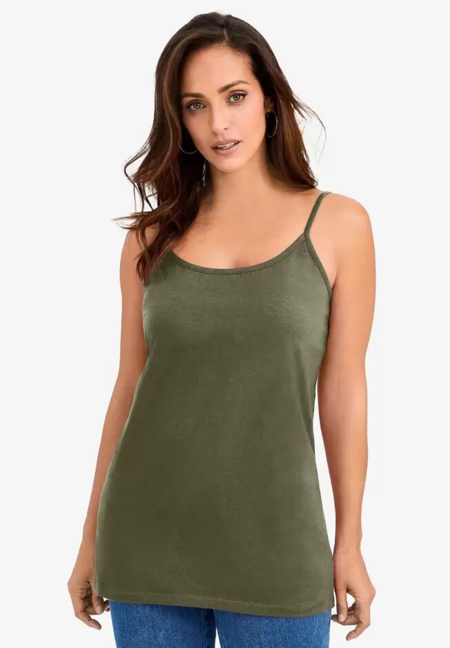 This basic cami top with adjustable straps gives you a versatile layering piece for every season. in a classic straight fit 26" longscooped Green Cami, Linen Gauze, Thermal Sweater, Shrug Cardigan, Dark Olive Green, Stretch Top, Swimsuits For All, Sweater Tank Top, Tunic Shirt