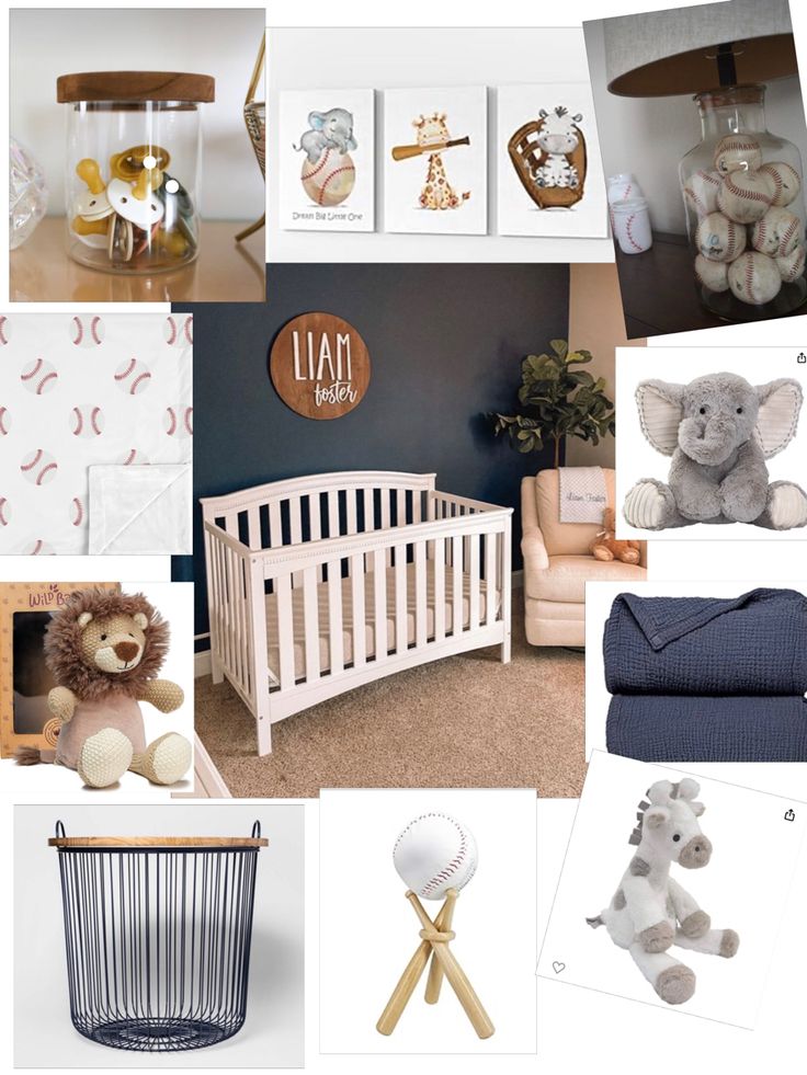 a collage of baby items including a crib, teddy bear and other things