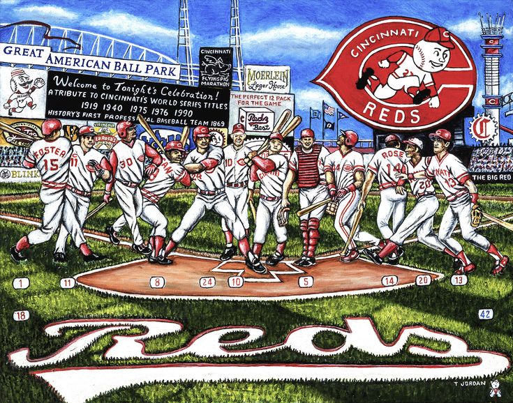 a painting of a baseball team on the field