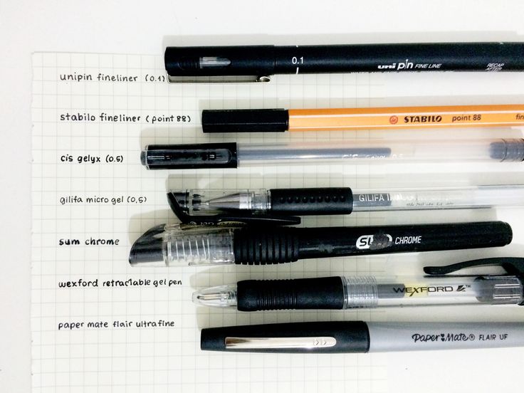 pens and pencils lined up on top of a piece of paper with writing in it