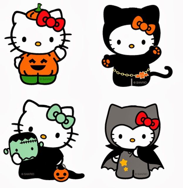 four hello kitty halloween stickers on a white background