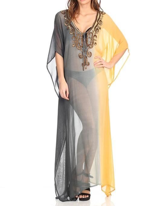 This beautiful sheer kaftan has an embroidered neckline in unlined v neckline area and kaftan is two tone black and yellow. Prints allover this relaxed fit pullover style, half cape sleeves and loose easy silhouette. Dazzle in this kaftan anywhere you go, It's perfect for all purpose occasions from a day on the beach to a formal affair with the right accessories. It's very fashionable and comfortable. Length: 56 inches. Material: Georgette Viscose Neckline: Unlined V Neck Sleeve Style: Half Cape Yellow Long Bohemian Kaftan, Yellow Free Size Kaftan For Beach Cover-up, Yellow Printed Beachwear Kaftan, Yellow Maxi Length Kaftan For Beach Cover-up, Bohemian Embroidered Kaftan Beach Cover-up, Yellow Maxi, Maxi Kaftan, Cape Sleeves, Embroidered Neckline