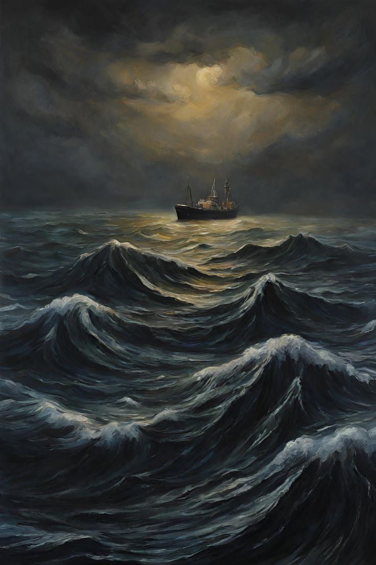 an oil painting of a ship in the ocean at night with storm clouds above it