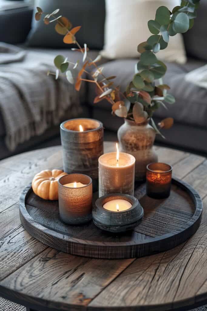 candles are arranged on a tray in front of a couch