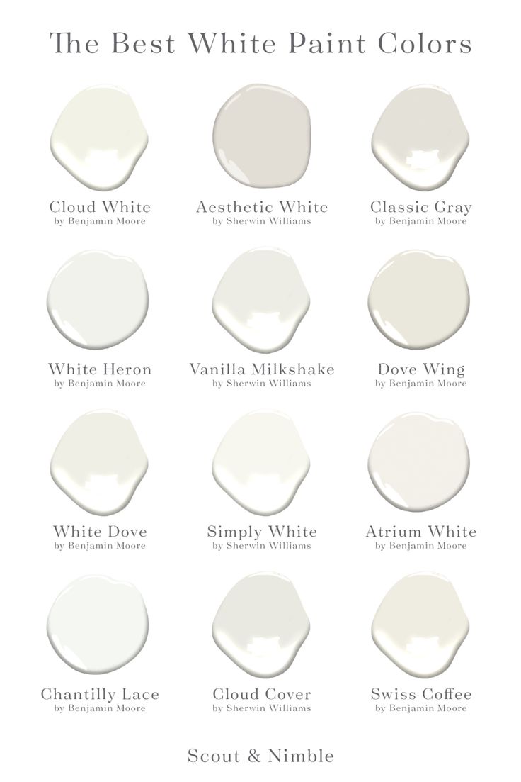 some white paint colors that are all in different shades and sizes, with the names below them