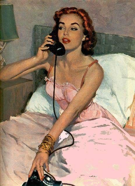 a painting of a woman laying in bed talking on the phone