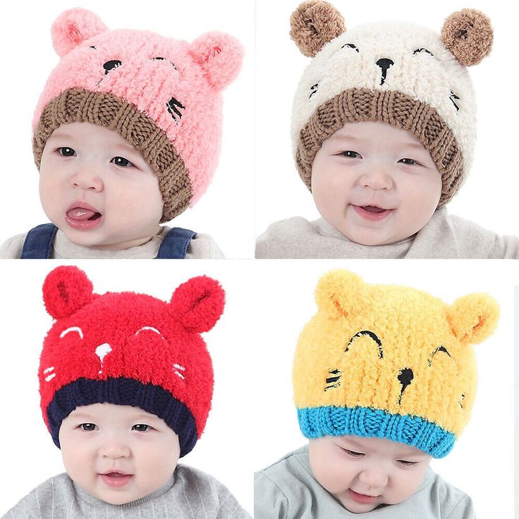 four pictures of babies wearing knitted hats with bear faces on the front and back