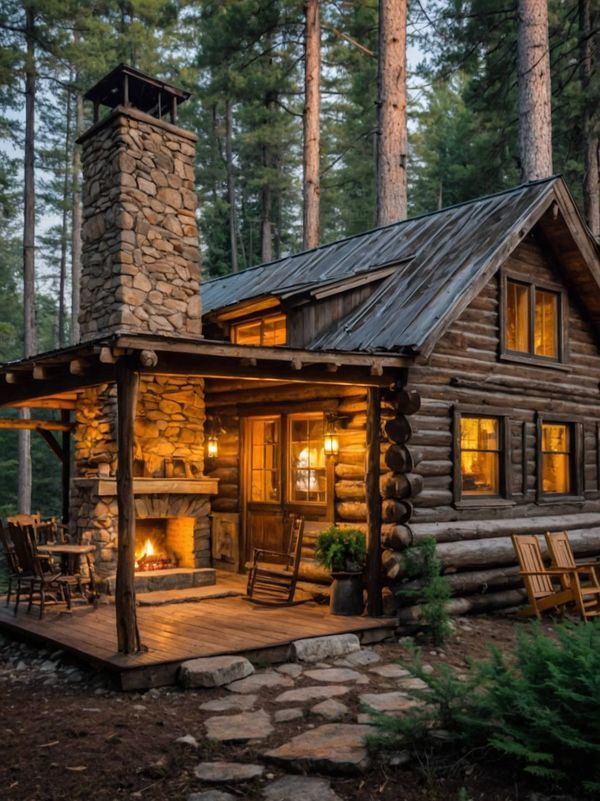 a log cabin in the woods lit up at night with lights shining on the porch