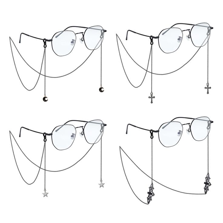 PRICES MAY VARY. 【Glasses Chain for Women】You can get 4 pcs eyeglass chains in one order, gothic style design, fashionable and versatile. The black eyeglass chain set includes: bat, cross, star and moon styles, and the silver and gold sunglass chain set includes: spider, pumpkin lantern, skeleton, and ghost hand.Suitable for reading glasses, glasses and sunglasses. 【Goth Sunglass Eyeglass Chains】The glasses chain uses a stainless steel chain and a silicone anti-skid buckle to ensure that your gl Goth Glasses, Diy Jewlry, Gothic Glasses, Eyeglasses Chain, Eyeglass Strap, Goth Accessories, Small Glasses, Round Glasses Frames, Cool Glasses