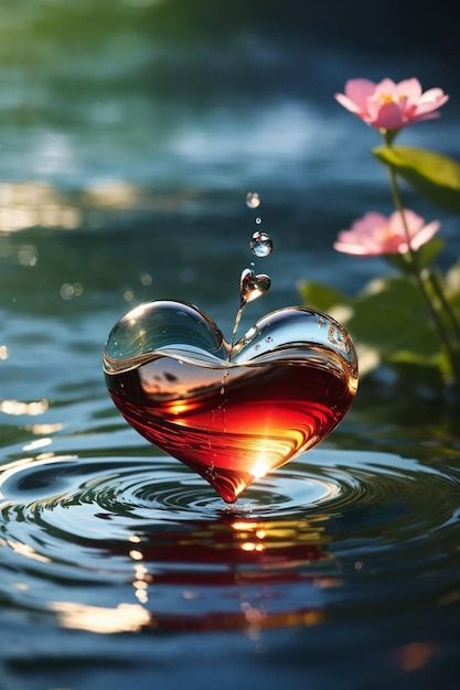 a heart shaped object floating on top of a body of water with flowers in the background