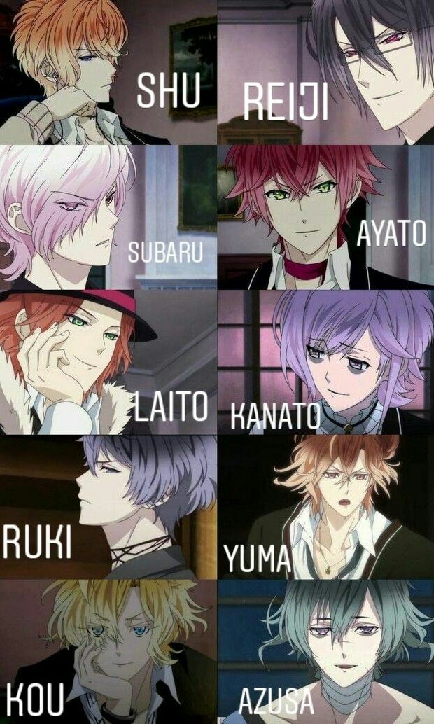 some anime characters with different hair colors and their name in the same language on them