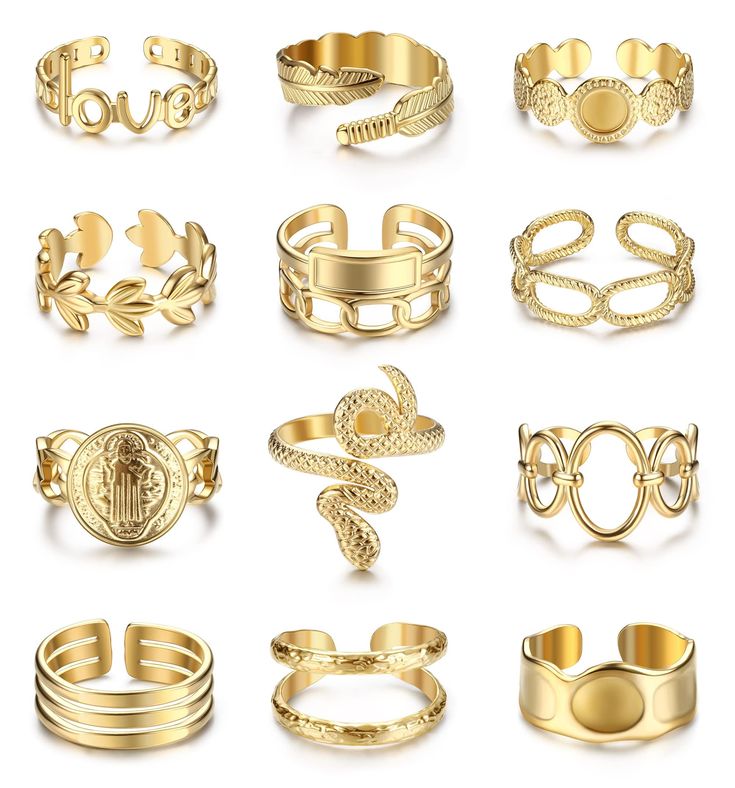 PRICES MAY VARY. 【Chunky Rings Set��】A set including 12 pcs fashion gold rings, cute and dainty. These minimalist stackable knuckle rings look luxe and shine beautifully from your fingers. You can free to match those statement rings as you like. Boho adjustable rings are suitable for all occasions with all kinds of outfits. 【Minimalist Rings】These gold chunky rings including various fashion elements such as braided twisted ring, signet ring, snake ring, feather ring etc. Open adjustable size from Rings Pack, Zierlicher Ring, Feather Ring, Ringe Gold, Knuckle Rings, Chunky Rings, Popular Jewelry, Gold Ring Sets, Midi Rings