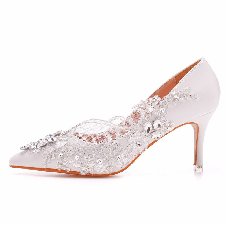 Details: Style: elegant Embellishment: Lace, Rhinestone Heels Type:?Stiletto Heel height: 2.95inch Closure Type: Slip on Toe: Pointed Toe Upper Material: Faux Leather Sole Material:?Rubber Lining Material: Leather Fitted Wedding Shoes With Rhinestones For Banquet, Rhinestone Wedding Shoes For Banquets, Silver Embellished Heels For Banquet, Elegant Heels With Rhinestones For Banquet, High Heel Wedding Shoes With Rhinestones, High Heel Rhinestone Wedding Shoes, Wedding Shoes With Rhinestones And High Heel, Elegant Low Heel Wedding Shoes With Rhinestones, Rhinestone High Heel Wedding Shoes