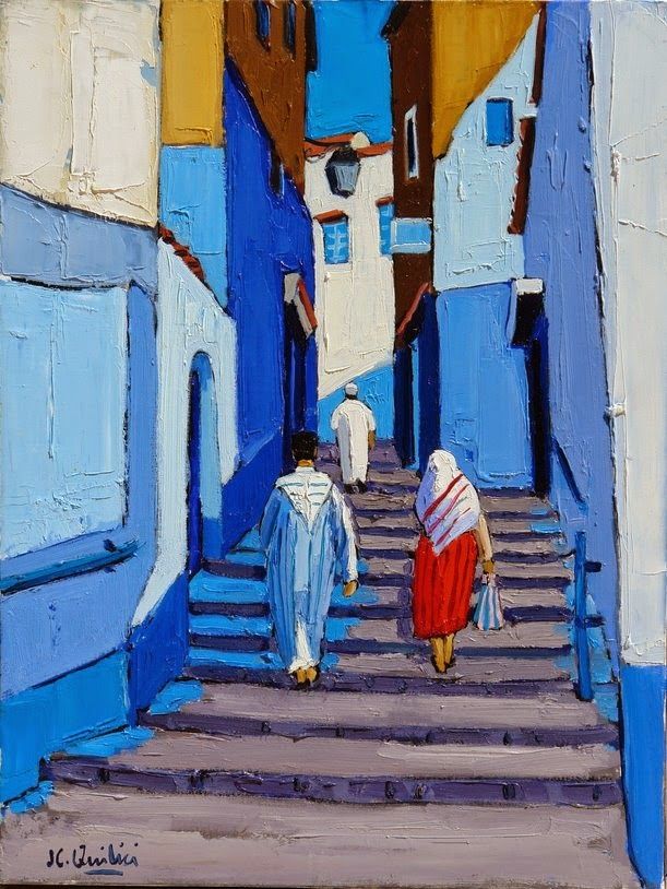 an oil painting of two people walking up some steps in the city with blue buildings