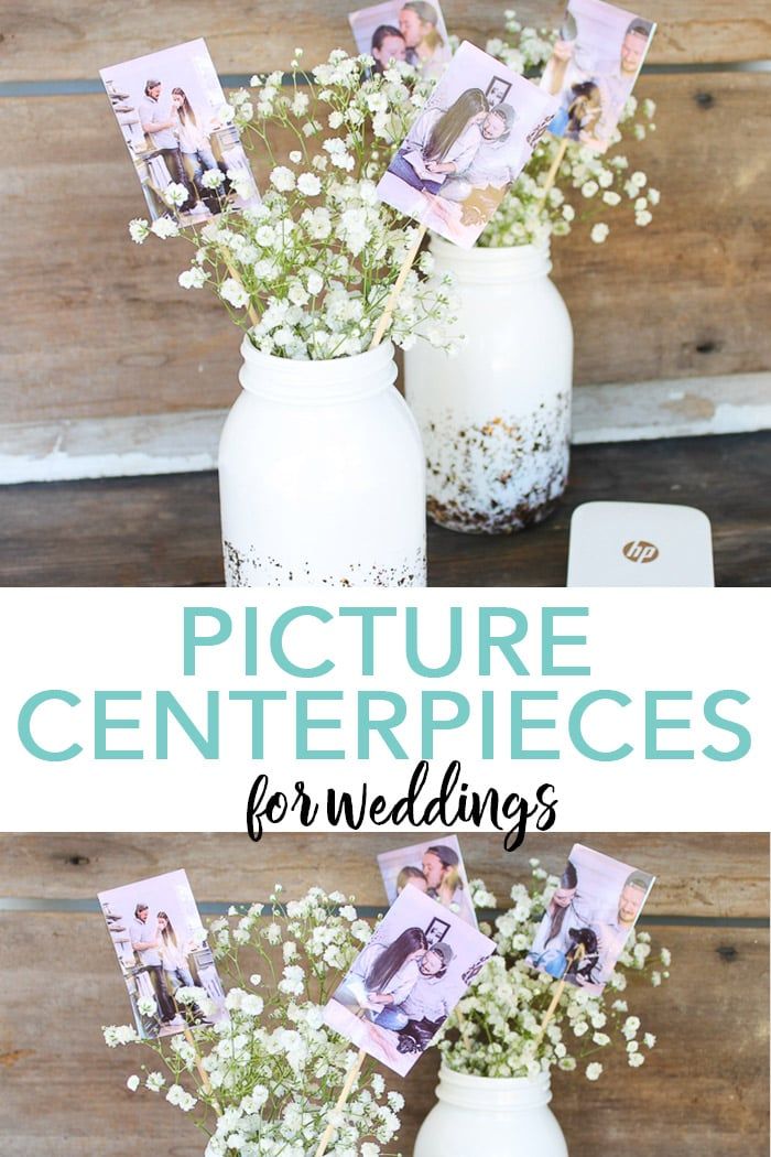 two mason jars filled with baby's breath flowers and photos are shown in the center