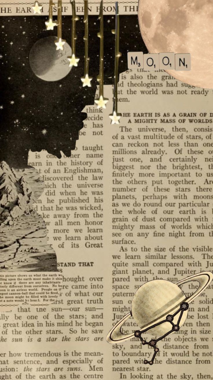 an old newspaper page with the moon and stars above it, as well as images of planets