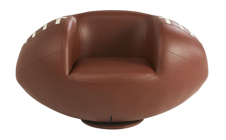 a brown leather chair with white stitching on the back and sides, sitting in front of a white background