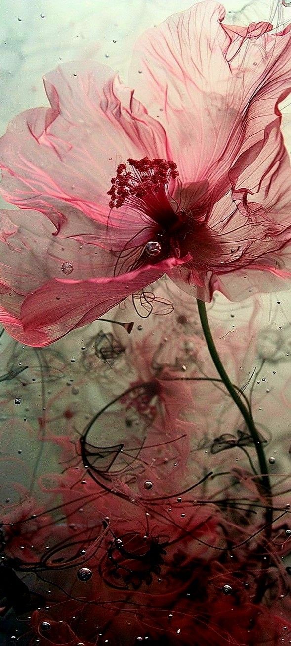 two pink flowers with water droplets on the bottom and one red flower in the middle