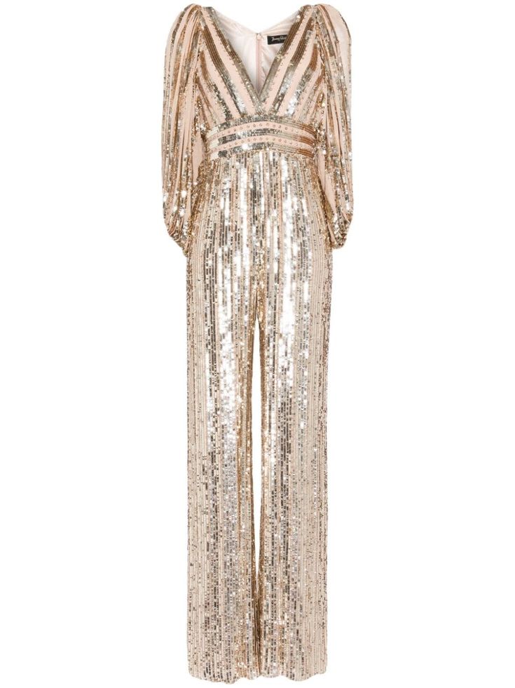 gold-tone sequin design stripe detailing plunging V-neck long sleeves concealed rear zip fastening wide leg Glamorous Floor-length Sequin Jumpsuit, Luxury Sequin High-waisted Pants, Disco Full-length Sequined Pants, Luxury High-waisted Sequin Pants, Jenny Packham Sequin Dress, Embellished Jumpsuit, Wardrobe Edit, Jenny Packham, City Dress