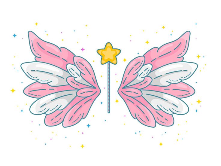 a pink butterfly with white wings and a star on it's back, sitting next to a wand