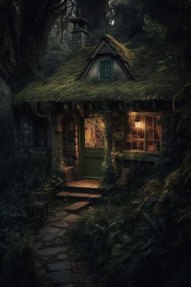 a small house with a green roof in the woods at night, surrounded by greenery