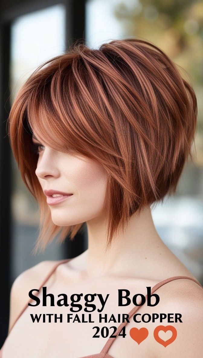 Asymmetrical Bob in Fall Hair Copper 2024 ✨ Short Angled Bob Hairstyles, Stacked Angled Bob Haircut For Fine Hair, Short Copper Brown Hair, Bob With Copper Highlights, Best Short Haircuts For Round Faces, Copper Brown Bob Hair, Fall Hair Colors Short Hair, Copper A Line Bob, Copper Bob Hair