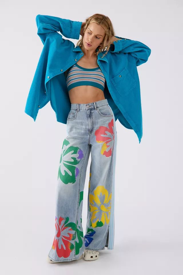 BDG Skater Baggy Jean — Hibiscus Print | Urban Outfitters Extra Baggy Jeans, Mom Jeans Style, Skater Fit, Hibiscus Print, Baggy Jean, Girl Jeans, Print Jeans, Trendy Skirts, Designer Jeans