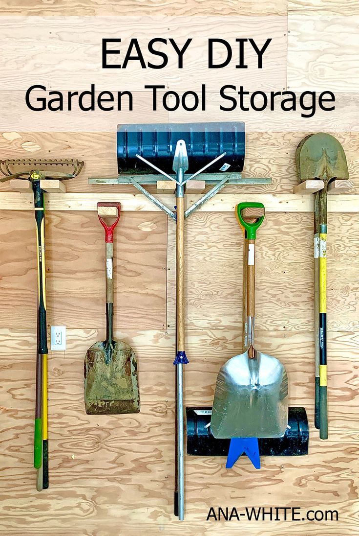 garden tools hanging on a wooden wall with text overlay that reads easy diy garden tool storage