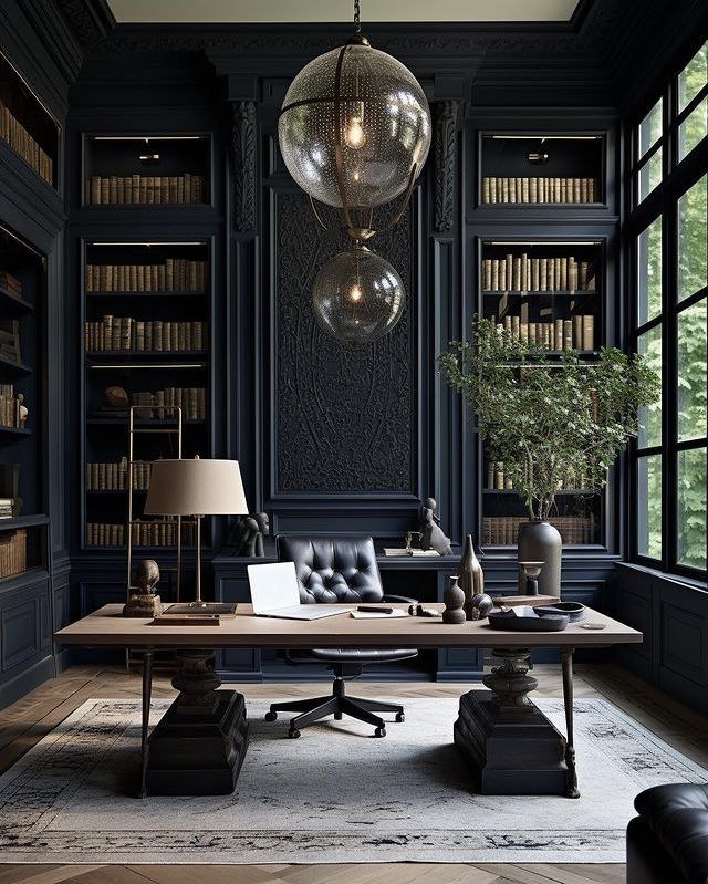 an office with black walls and lots of bookshelves, leather furniture, and a chandelier hanging from the ceiling