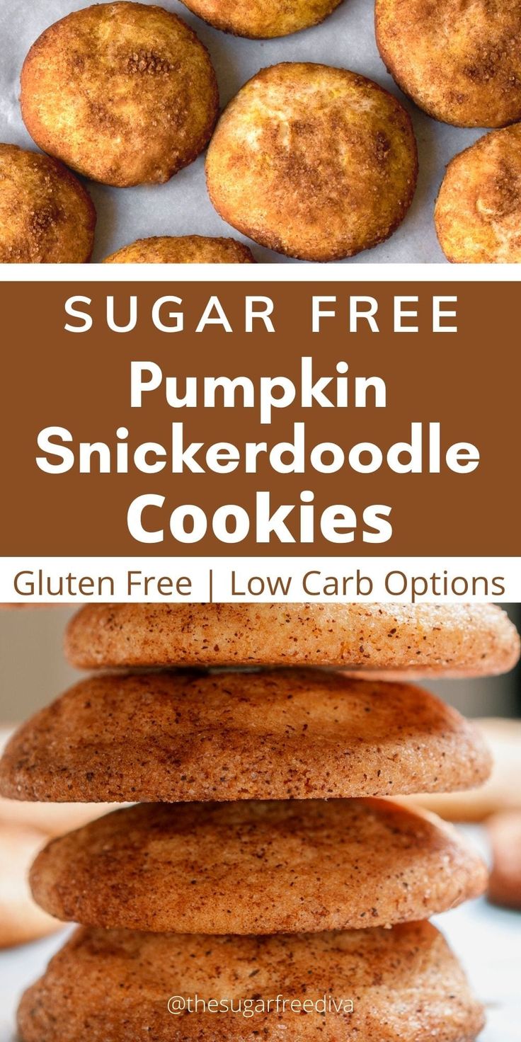 sugar free pumpkin snickkerdoodle cookies are stacked on top of each other