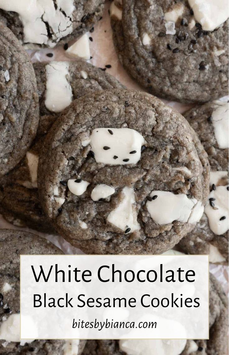 white chocolate black sesame cookies with marshmallows in the middle and on top