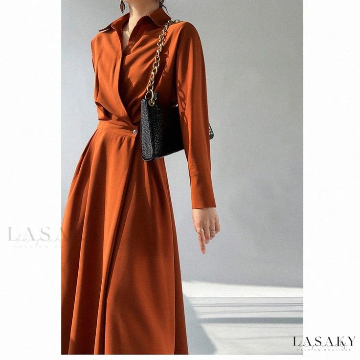 Lasaky - Elegant Essence Comfortable Fit Dress Elegant Brown Maxi Dress For Fall, Chic Long Office Dresses, Elegant Fall Maxi Dress For Office, Elegant Fall Office Maxi Dress, Elegant Long Sleeve Brown Maxi Dress, Elegant Brown Long Sleeve Maxi Dress, Elegant Brown Long Sleeve Dress For Spring, Elegant Brown Maxi Dress With Long Sleeves, Elegant Brown Long Sleeve Spring Dress