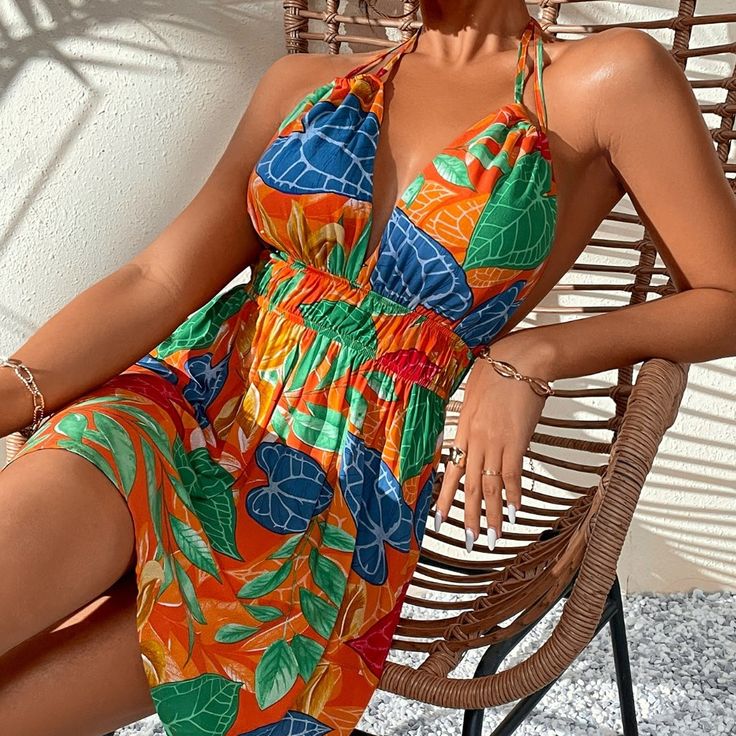 Xs=2 S=4 M=6 L=8/10 Xl=12 Xxl=14 Brand New Ships In 6-10 Days Color: Multicolor Style: Boho Pattern Type: Tropical Details: Backless, Tie Back Type: A Line Neckline: Halter Sleeve Length: Sleeveless Waist Line: High Waist Hem Shaped: Flared Length: Short Fit Type: Regular Fit Fabric: Non-Stretch Material: Polyester Composition: 100% Polyester Care Instructions: Machine Wash Or Professional Dry Clean Body: Unlined Sheer: No Orange V-neck Mini Dress For Summer, Orange Halter Neck Mini Dress For Brunch, Summer Orange V-neck Mini Dress, Orange Sleeveless Mini Dress For The Beach, Orange Mini Dress For Beach Season, Orange Halter Neck Dress For Brunch, Orange V-neck Sundress, Orange Summer Sundress For The Beach, Orange V-neck Mini Dress For Vacation