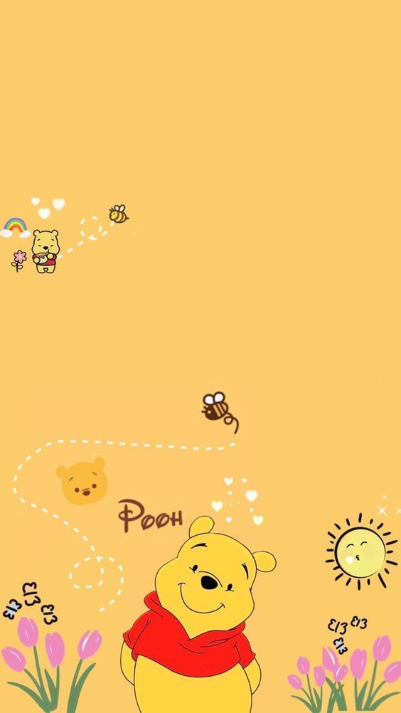 winnie the pooh wallpaper with flowers and bees flying around in the sky above it