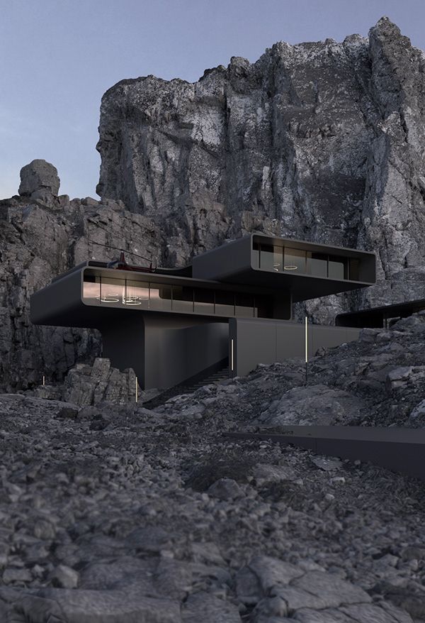 an architectural rendering of a house on top of a rocky hill with mountains in the background