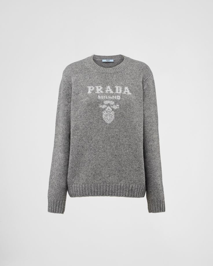 Grey/Silver Wool, cashmere and lamé crew-neck sweater | PRADA Prada Sweater, Tokyo Shopping, Prada Collection, Women Essentials, Prada Men, Cashmere Cardigan, Cashmere Wool, Wool Cardigan, Knitwear Women